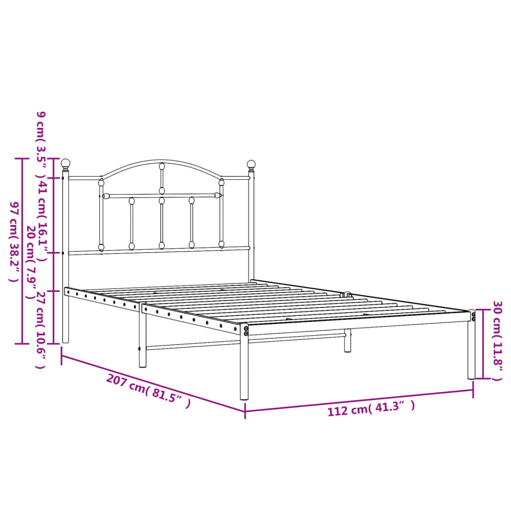 vidaXL Metalinis lovos rėmas su galvūgaliu, juodos spalvos, 107x203cm
