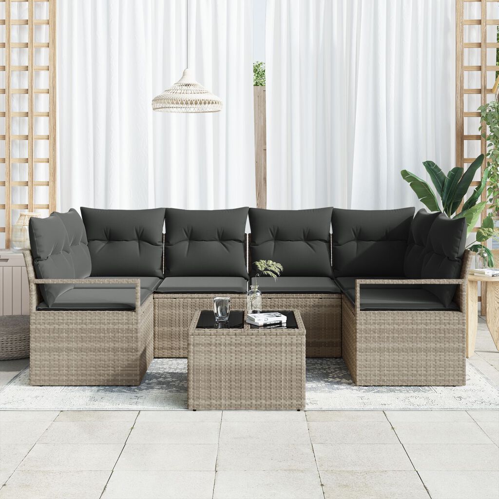 vidaXL 7 dalių sodo sofa rinkinys su pagalvėmis šviesiai pilka poliratanas